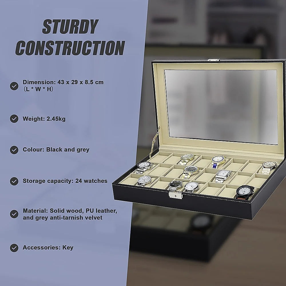Watch Box 24 Slot Luxury Display Case with Framed Glass Lid