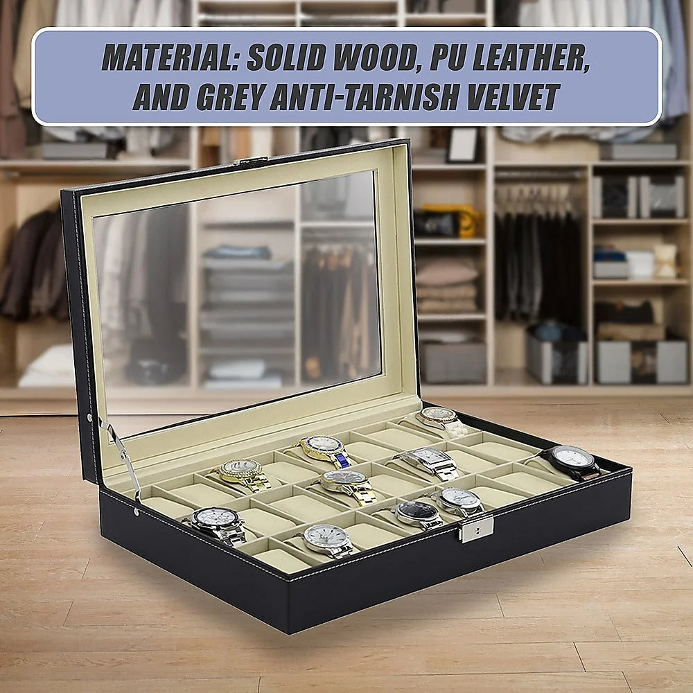 Watch Box 24 Slot Luxury Display Case with Framed Glass Lid