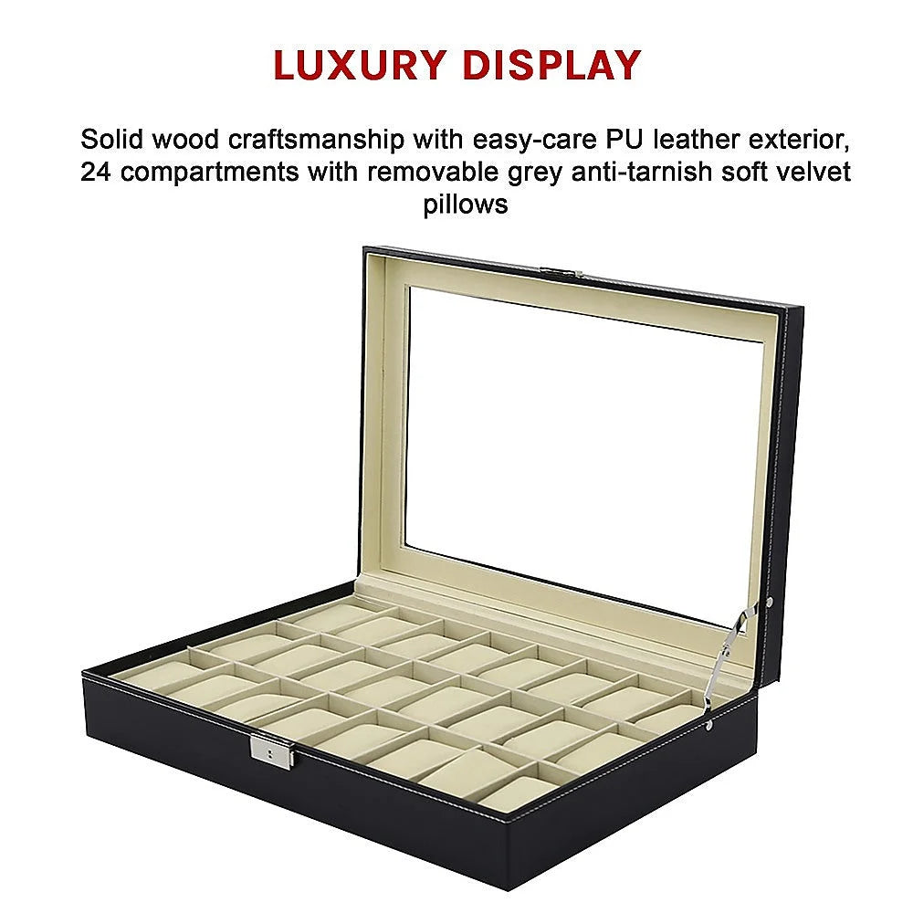 Watch Box 24 Slot Luxury Display Case with Framed Glass Lid
