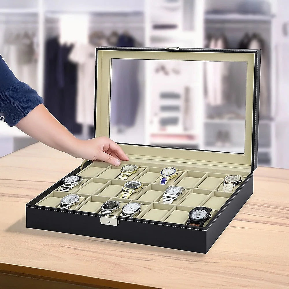 Watch Box 24 Slot Luxury Display Case with Framed Glass Lid