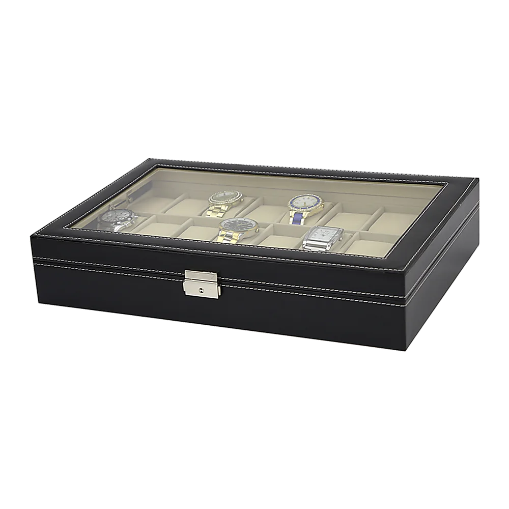 Watch Box 24 Slot Luxury Display Case with Framed Glass Lid