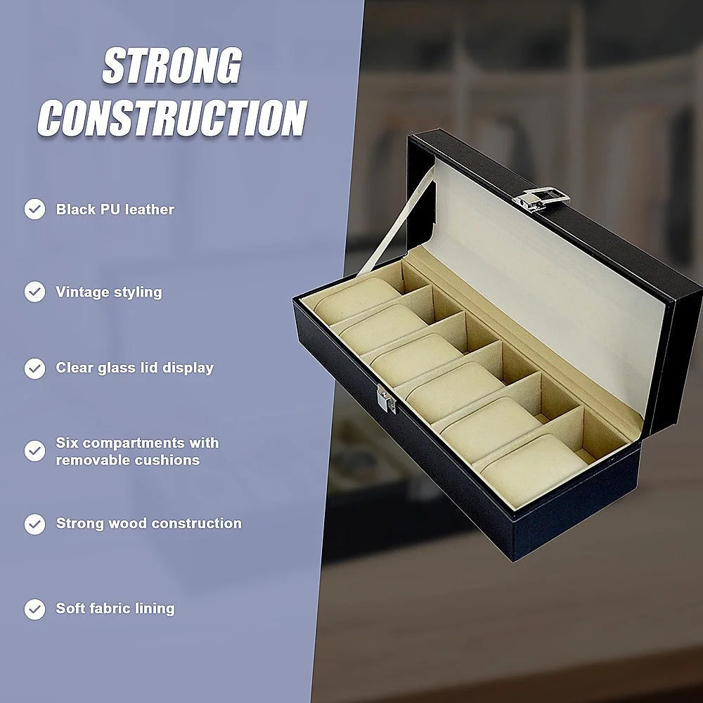 Watch Display Case Box 6-Slot - Black PU Leather - Others
