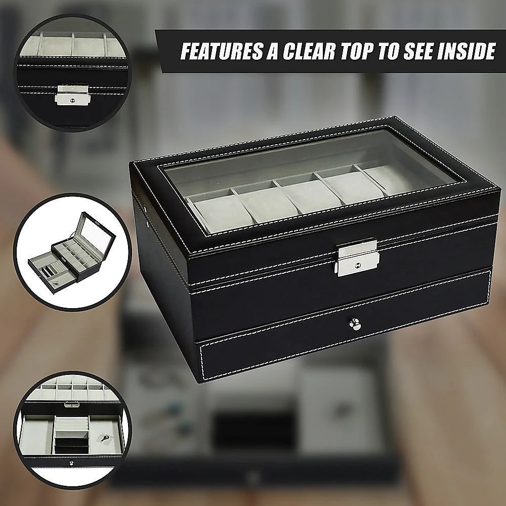 Watch Display Case with Lock Key - 12 Grids Leather Jewelry
