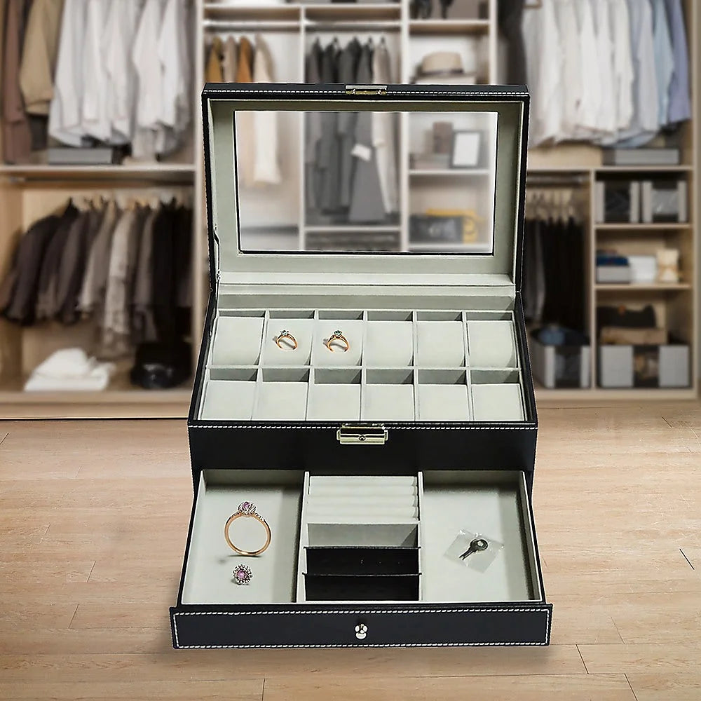 Watch Display Case with Lock Key - 12 Grids Leather Jewelry