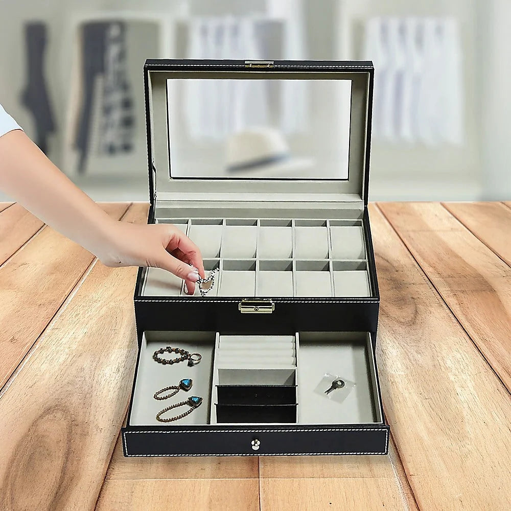 Watch Display Case with Lock Key - 12 Grids Leather Jewelry