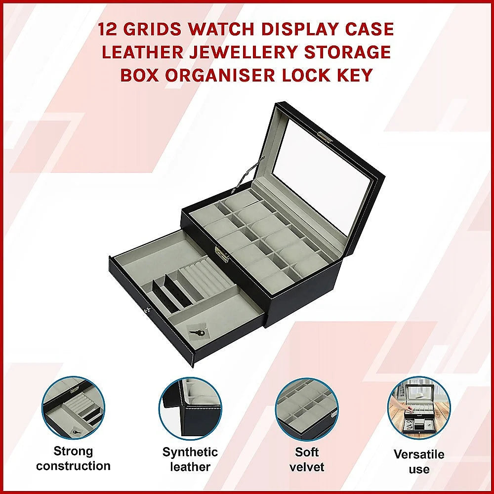 Watch Display Case with Lock Key - 12 Grids Leather Jewelry