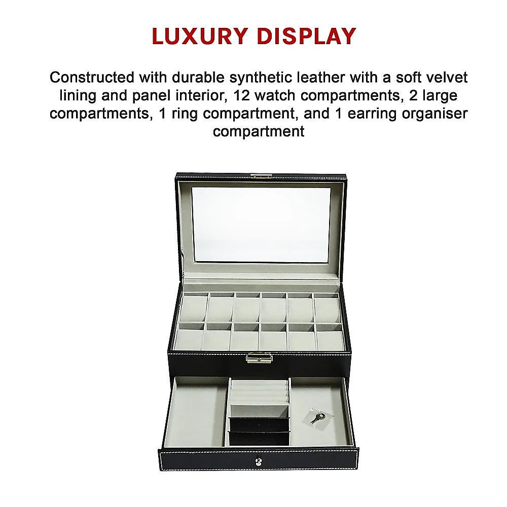 Watch Display Case with Lock Key - 12 Grids Leather Jewelry