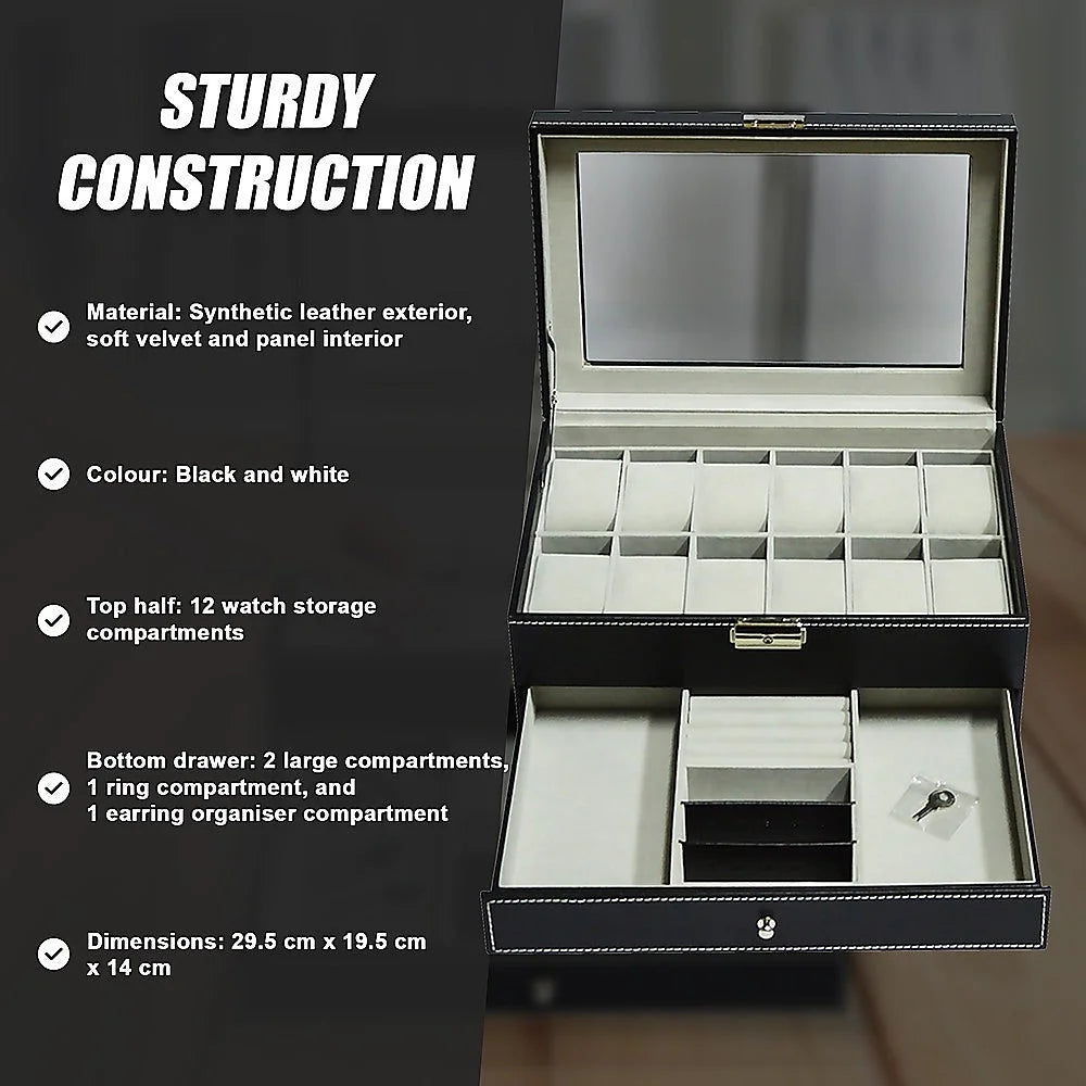 Watch Display Case with Lock Key - 12 Grids Leather Jewelry