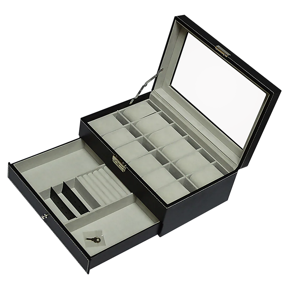 Watch Display Case with Lock Key - 12 Grids Leather Jewelry