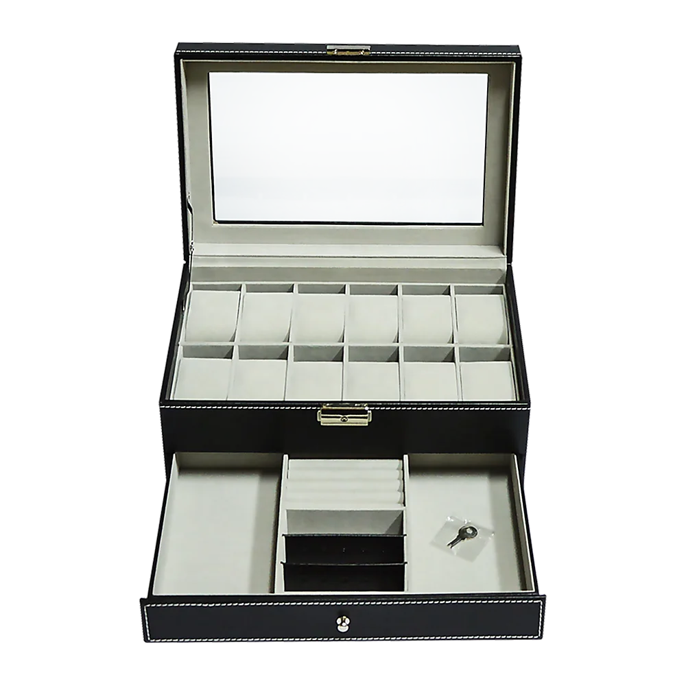 Watch Display Case with Lock Key - 12 Grids Leather Jewelry