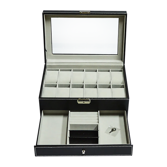 Watch Display Case with Lock Key - 12 Grids Leather Jewelry