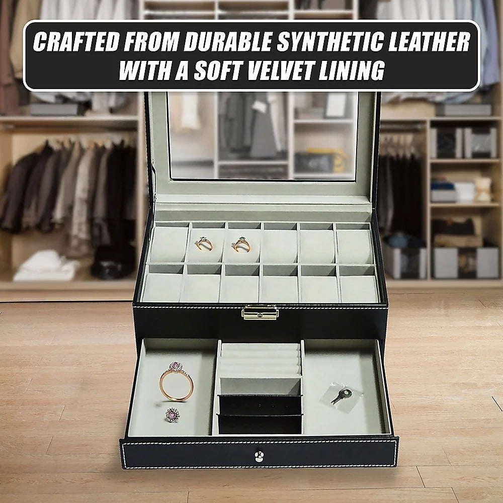 Watch Display Case with Lock Key - 12 Grids Leather Jewelry