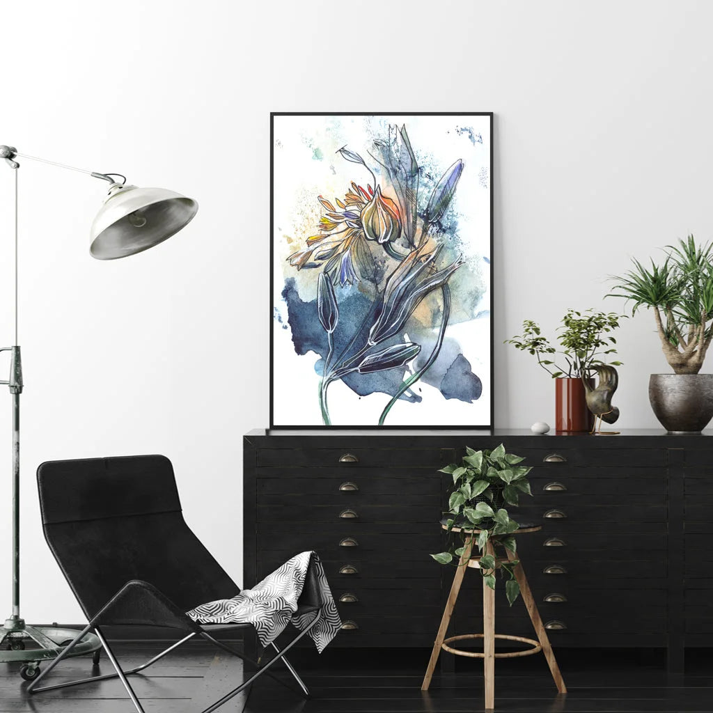 Watercolor Style Abstract Flower Wall Art - 3 Sets Black