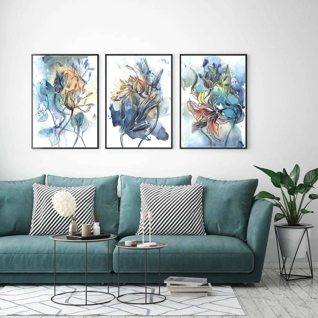 Watercolor Style Abstract Flower Wall Art - 3 Sets Black