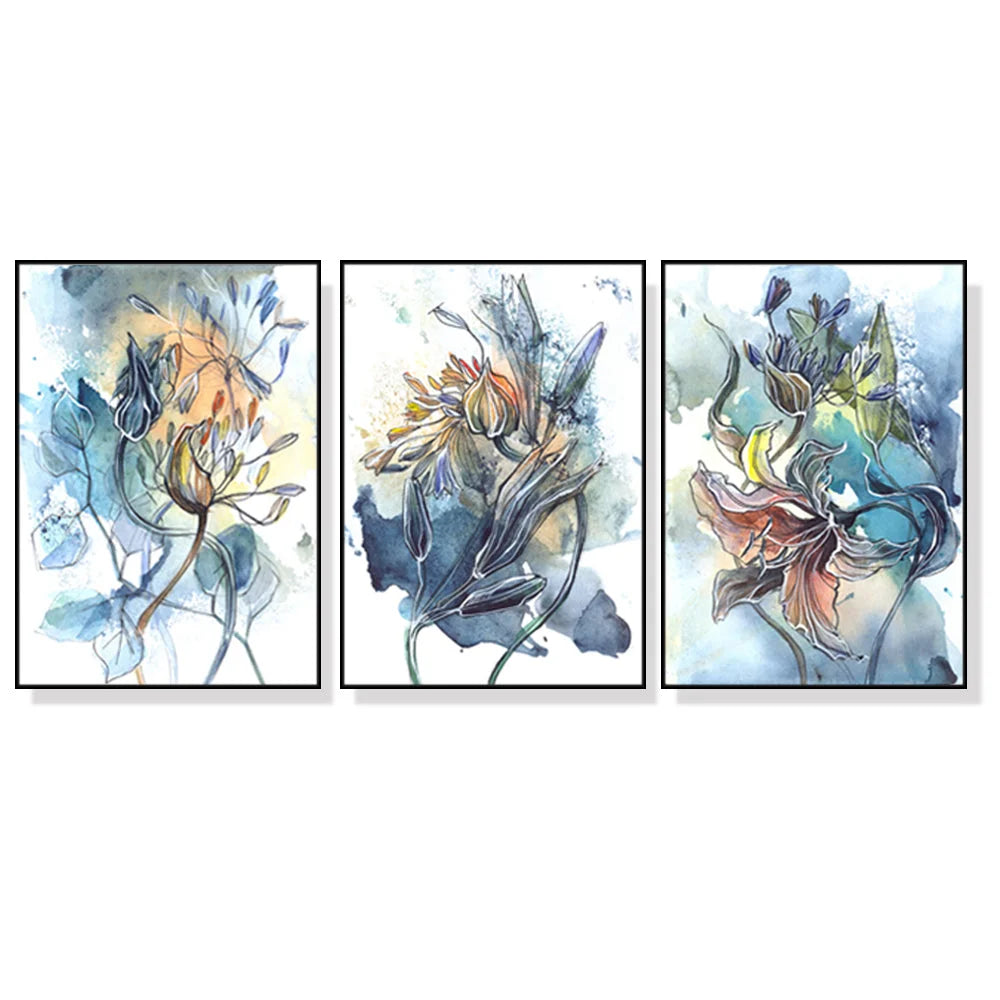 Watercolor Style Abstract Flower Wall Art - 3 Sets Black