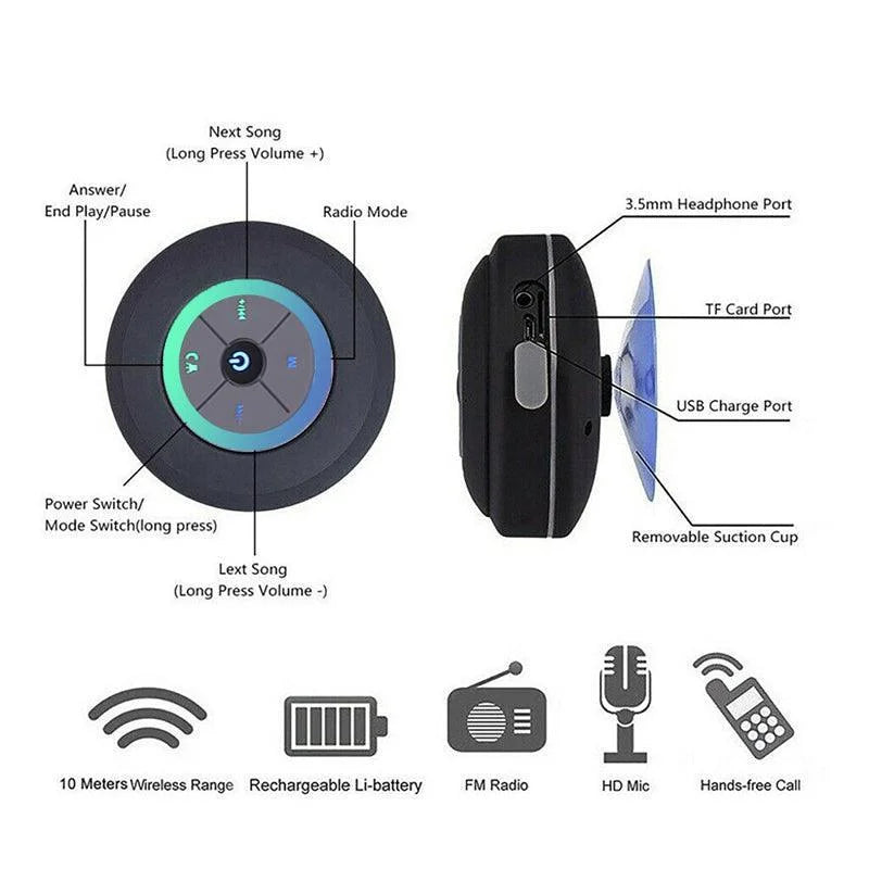 Waterproof Bluetooth Shower Speaker with LED Light FM Radio