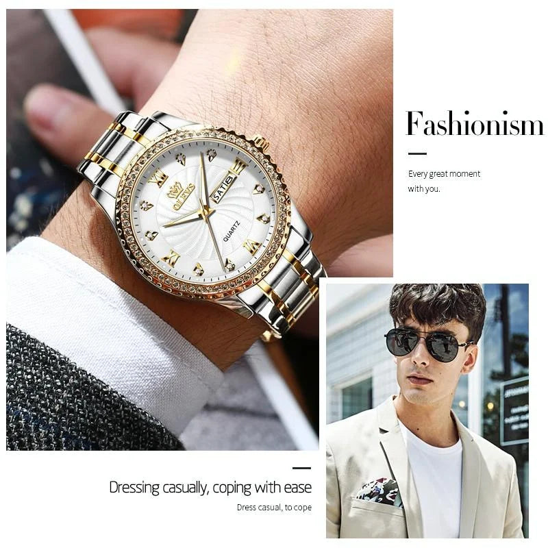 Waterproof Diamond Quartz Watch for Men with Stainless