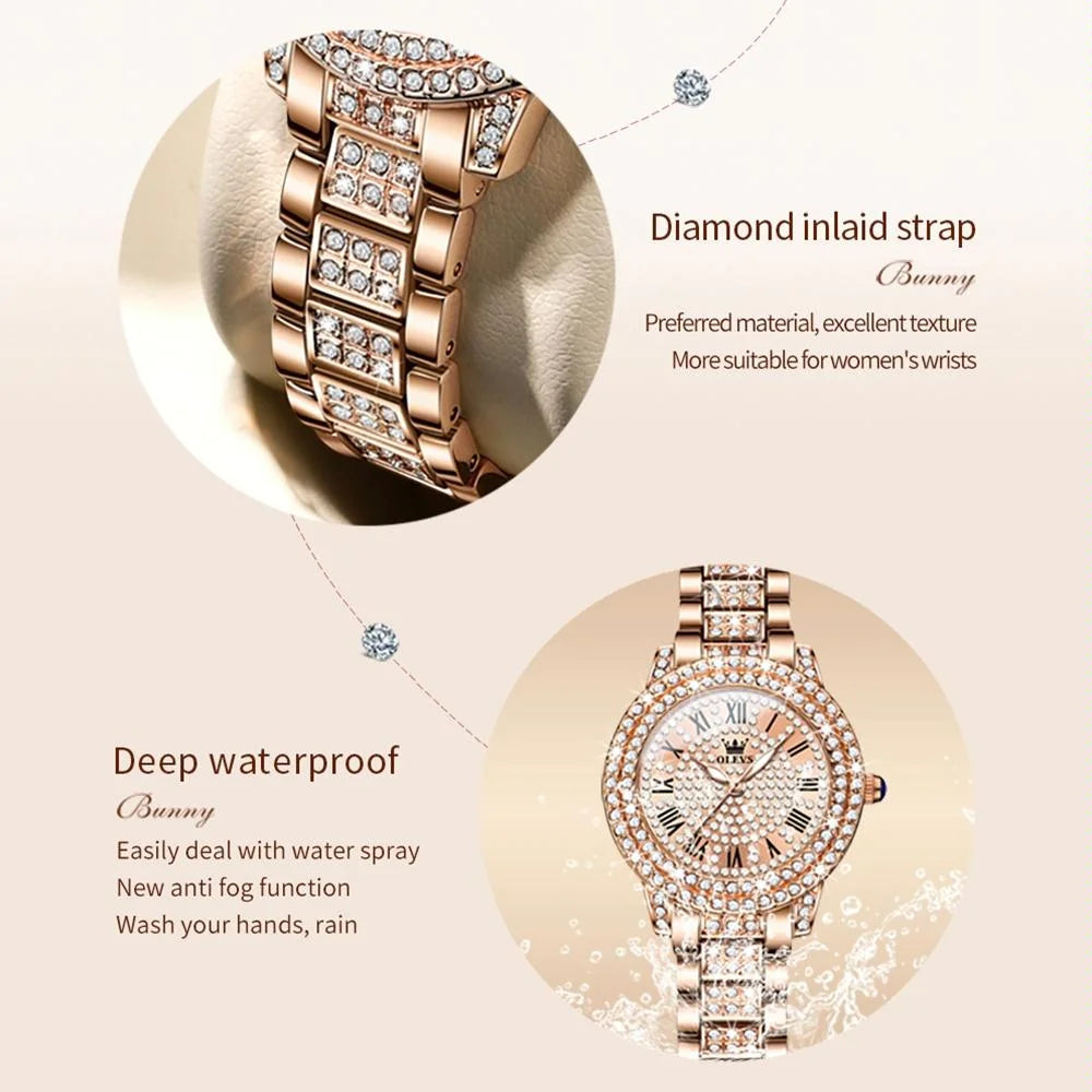 Waterproof Diamond Women Quartz Watch - Rose Gold Diamond