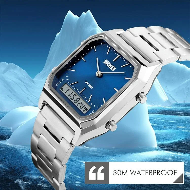 Waterproof Dual Display Men Outdoor Watch - Silver