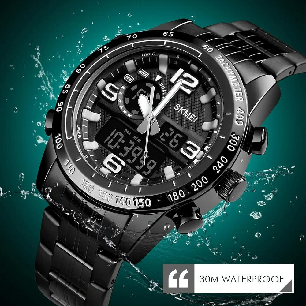 Waterproof Dual Movement Men Watch with Steel Strap - Black