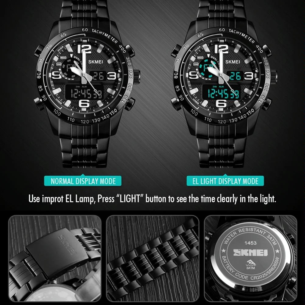 Waterproof Dual Movement Men Watch with Steel Strap - Black