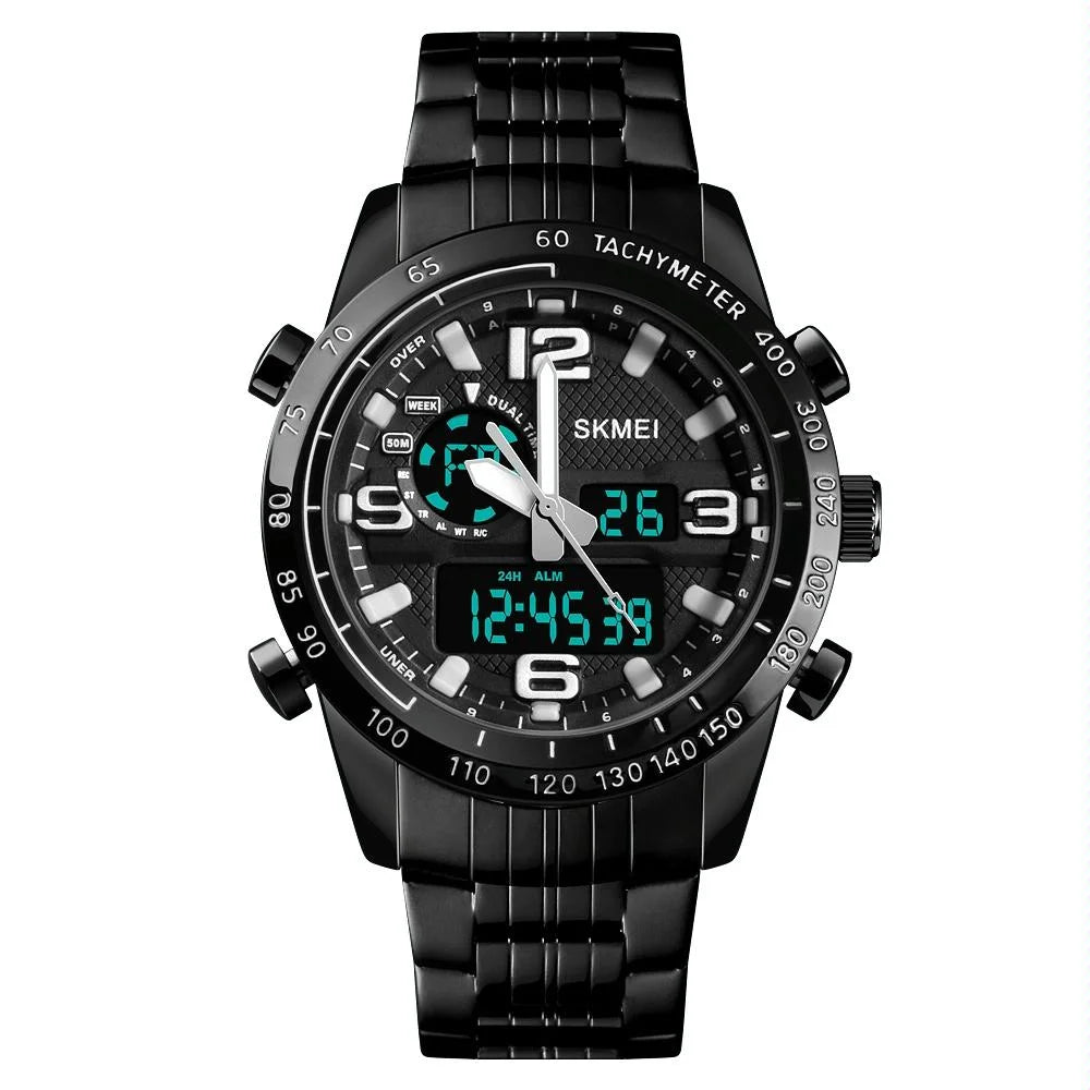 Waterproof Dual Movement Men Watch with Steel Strap - Black