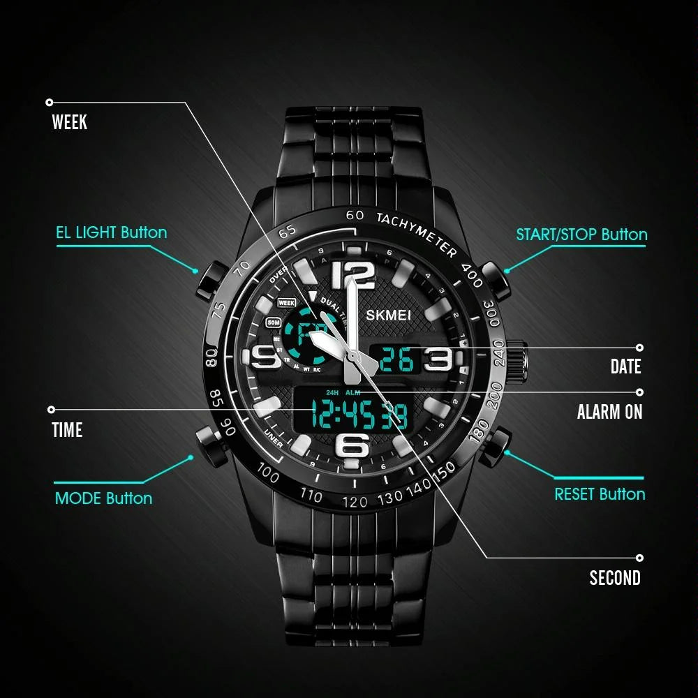 Waterproof Dual Movement Men Watch with Steel Strap - Black