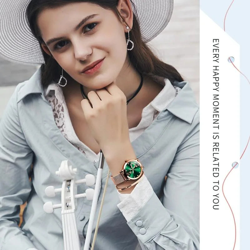 Waterproof Heart-shaped Women Quartz Watch - Black