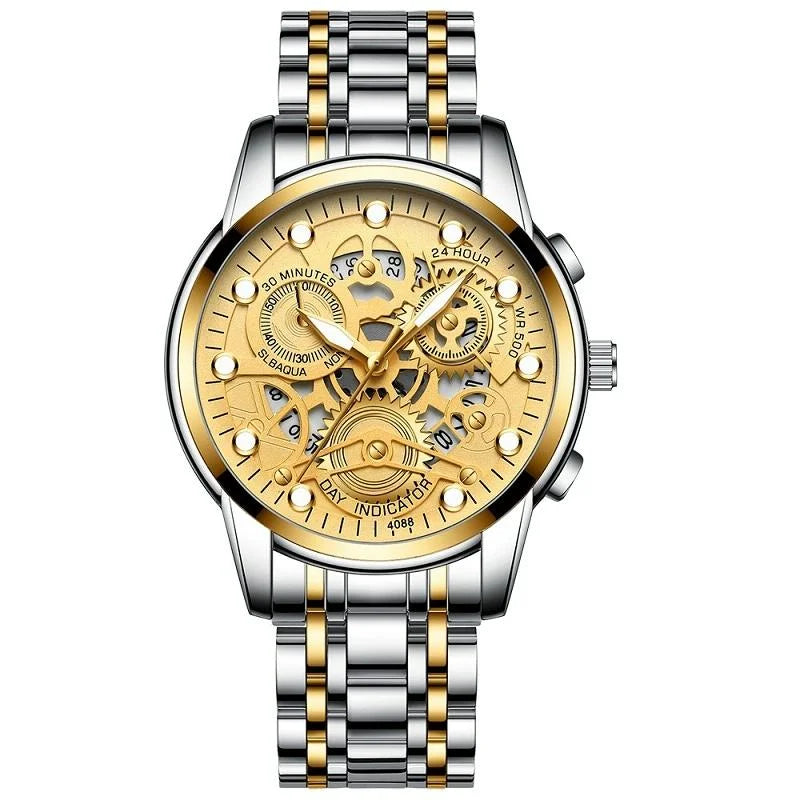Waterproof Luminous Men Quartz Watch - Hollow Design - Gold