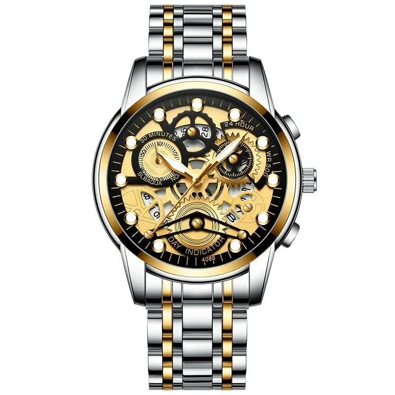 Waterproof Luminous Men Quartz Watch - Hollow Design - Gold