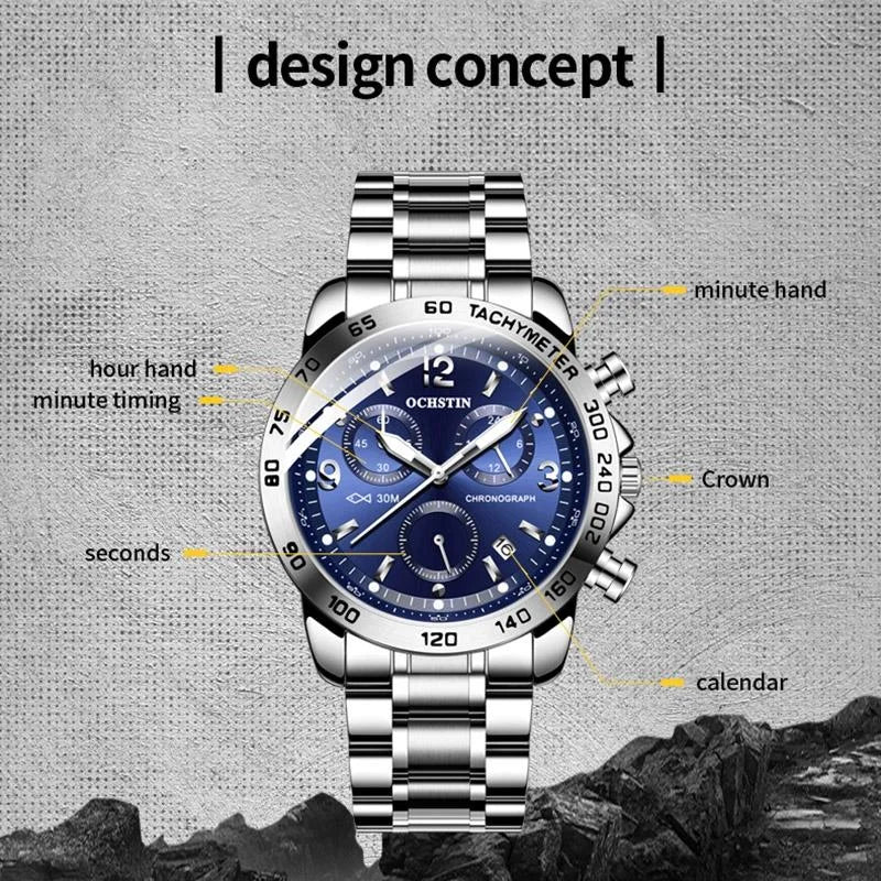 Waterproof Luminous Men Watch with Steel Strap - Silver