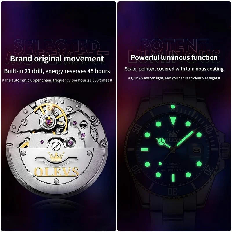 Waterproof Mechanical Watch for Men with Luminous Dial