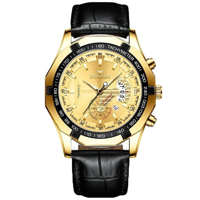 Waterproof Men Calendar Watch - Black Leather Full Gold