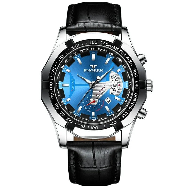Waterproof Men Calendar Watch - Black Leather Black Steel