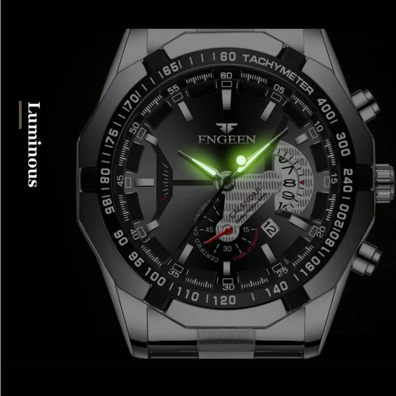 Waterproof Men Calendar Watch - Black Leather Black Steel
