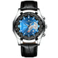 Waterproof Men Calendar Watch - Black Leather Black Steel