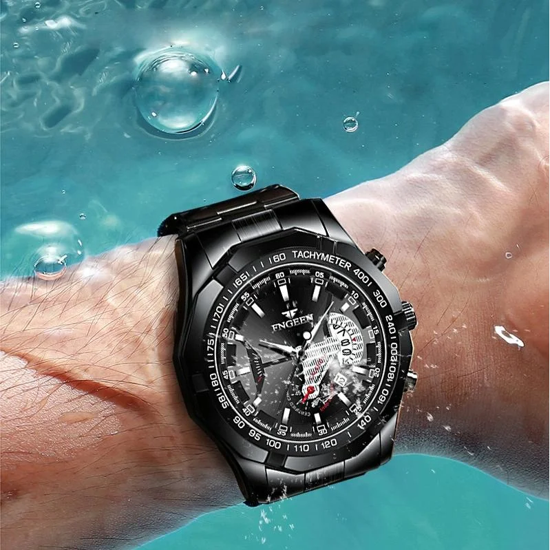 Waterproof Men Calendar Watch - Black Leather Black Steel