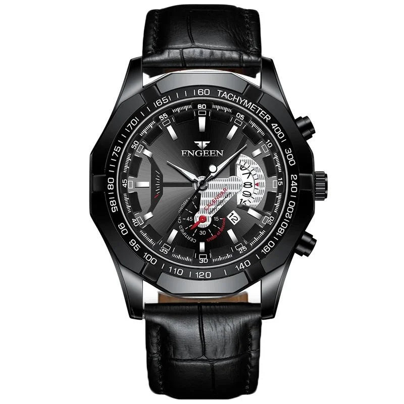 Waterproof Men Calendar Watch - Black Leather Black Steel