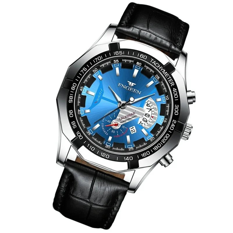 Waterproof Men Calendar Watch - Black Leather White Steel
