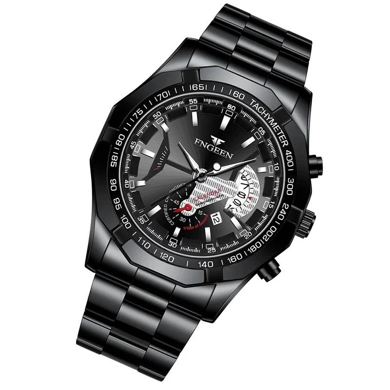 Waterproof Men Calendar Watch - Black Leather White Steel