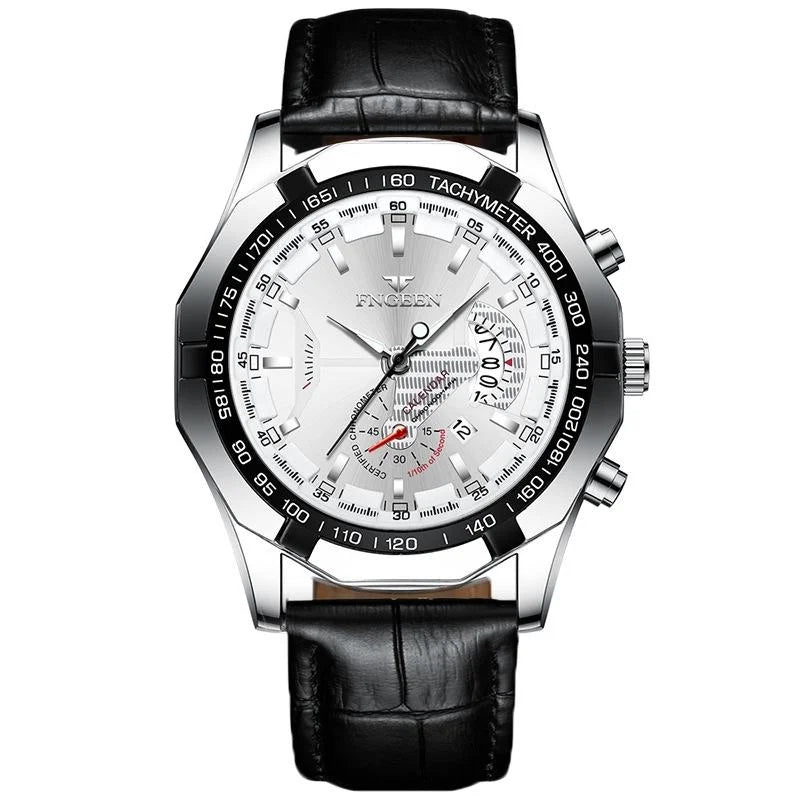 Waterproof Men Calendar Watch - Black Leather White Steel