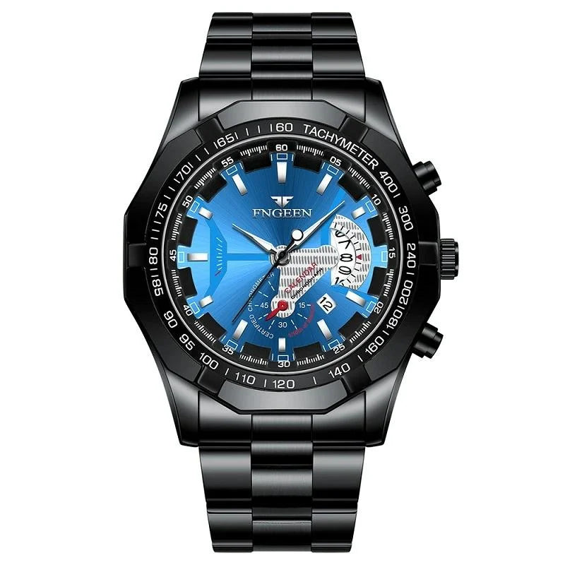 Waterproof Men Calendar Watch - Black Leather White Steel