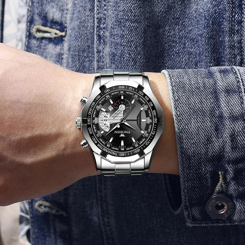 Waterproof Men Calendar Watch - Black Leather White Steel