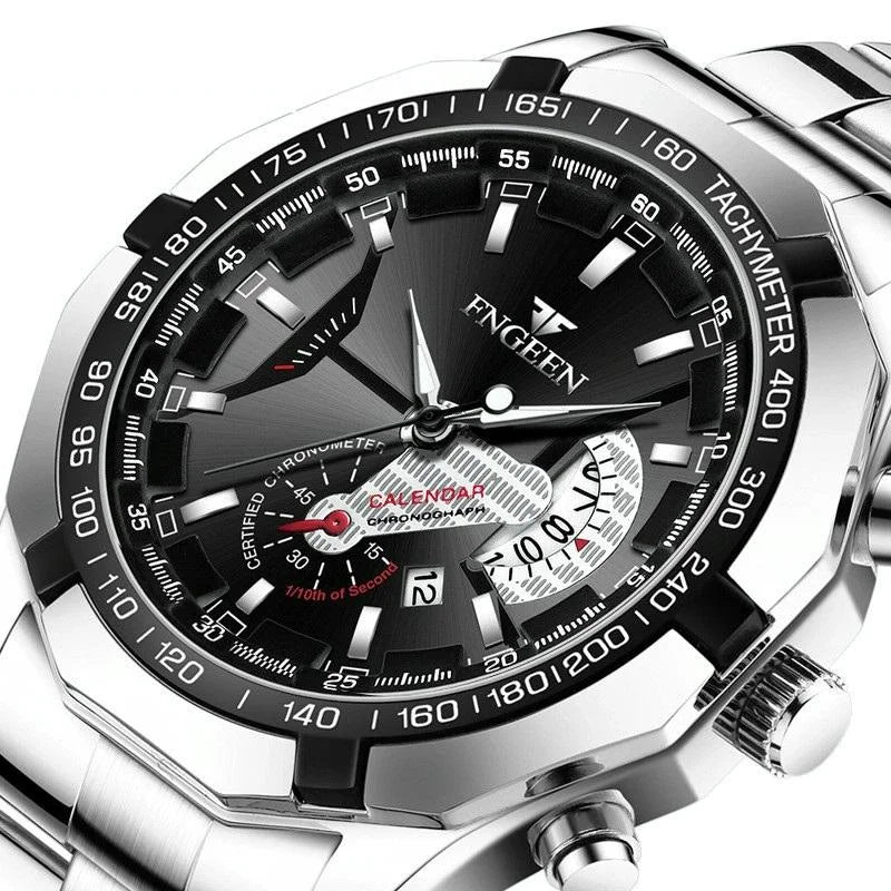 Waterproof Men Calendar Watch - Black Leather White Steel