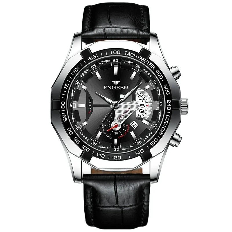 Waterproof Men Calendar Watch - Black Leather White Steel