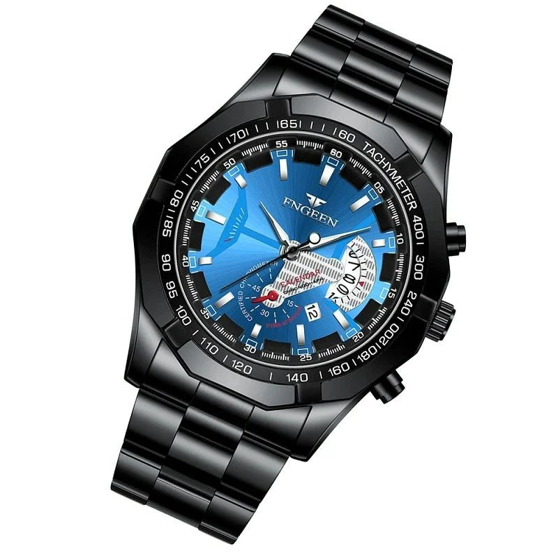 Waterproof Men Calendar Watch - Black Steel Black Surface