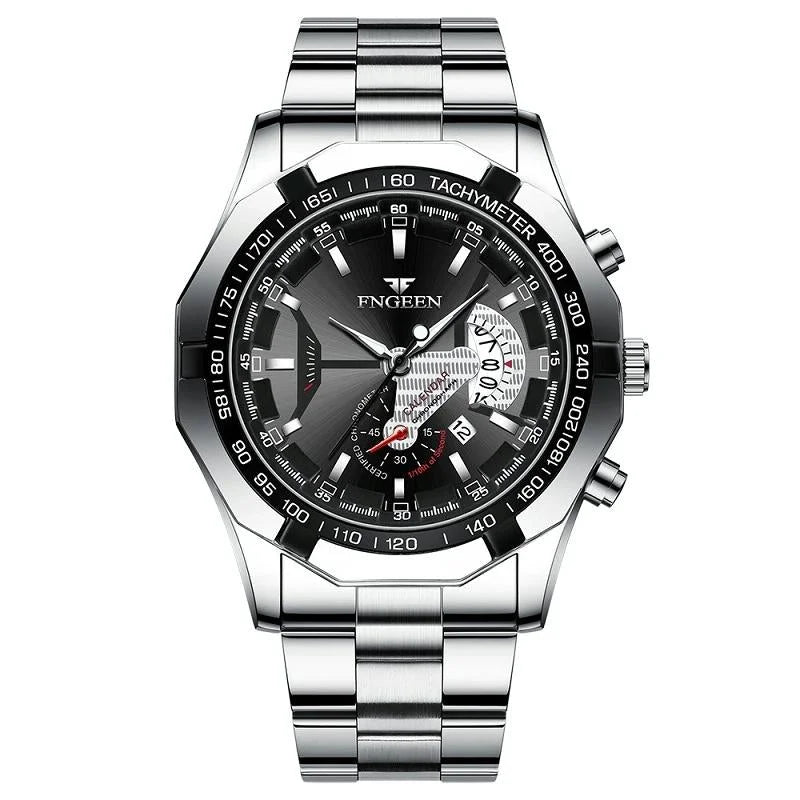Waterproof Men Calendar Watch - White Steel Black Surface