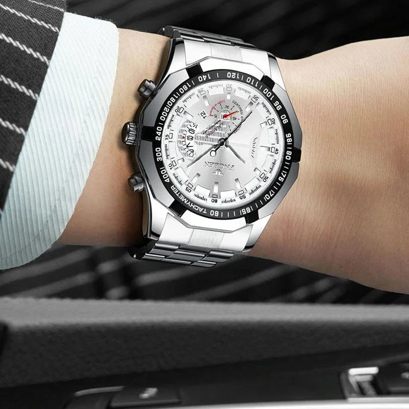 Waterproof Men Calendar Watch - White Steel Blue Surface
