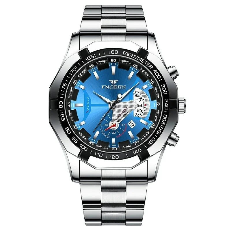Waterproof Men Calendar Watch - White Steel Blue Surface
