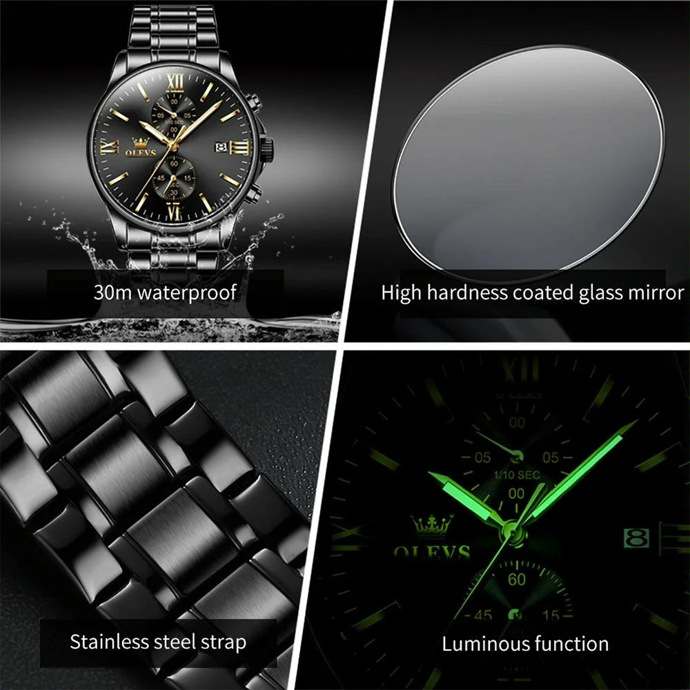 Waterproof Men Chronograph Quartz Watch with Luminous Dial